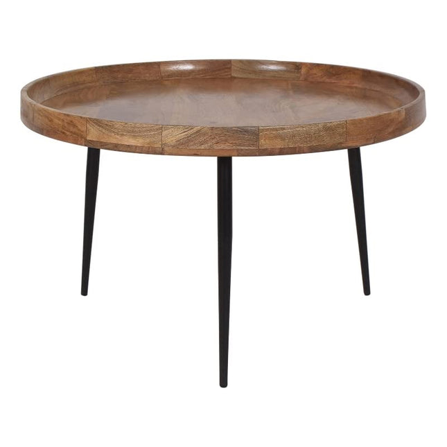 The Mango Bowl Coffee Table features a mid-century design with mango wood showcasing natural grains and a raised edge. It is ethically crafted with three slender black metal legs for a modern, minimalist look.