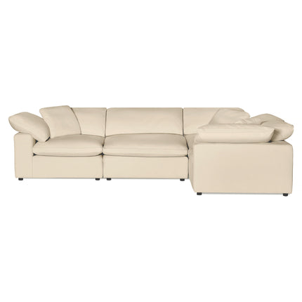 The Peyton 4 Piece Right L is a luxury cream leather sectional sofa with three seats and a chaise on the right. It features plush cushions, low-profile armrests, and fits seamlessly into modern living rooms, all set against a plain white background.