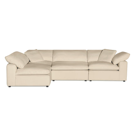 The Peyton 4 Piece L-shaped sectional sofa, in luxurious cream, features plush cushions and wide armrests for ultimate comfort. Its sleek design and adaptability to various spaces make it a standout against a plain white background.