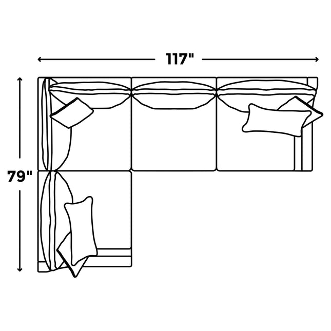 Line drawing of the My Cloud / Slope Arm L-shaped sectional sofa with cushions, 117x79, featuring machine-washable covers for easy maintenance.