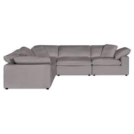 The Peyton 5 Piece L is a gray L-shaped sectional sofa with plush cushions, luxurious wide armrests, and a contemporary design, all set against a white background for ultimate comfort.