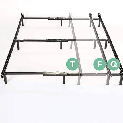 The image features the My Cloud Mattress Frame Pro, a minimalist metal bed frame set against a plain background. It highlights adjustable sections labeled with green letters T, F, and Q, representing various bed sizes.