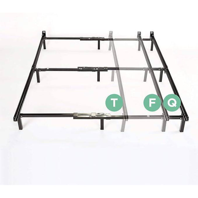 The image features the My Cloud Mattress Frame Pro, a minimalist metal bed frame set against a plain background. It highlights adjustable sections labeled with green letters T, F, and Q, representing various bed sizes.