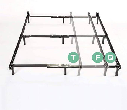 The image features the My Cloud Mattress Frame Pro, a minimalist metal bed frame set against a plain background. It highlights adjustable sections labeled with green letters T, F, and Q, representing various bed sizes.