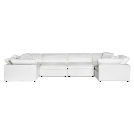 The Peyton 6 Piece Pit is a modular sectional sofa in white, offering comfort with multiple cushions in a U-shape. Its square armrests and low profile, along with smooth plush fabric, exude luxury and embody contemporary minimalism against a plain white background.