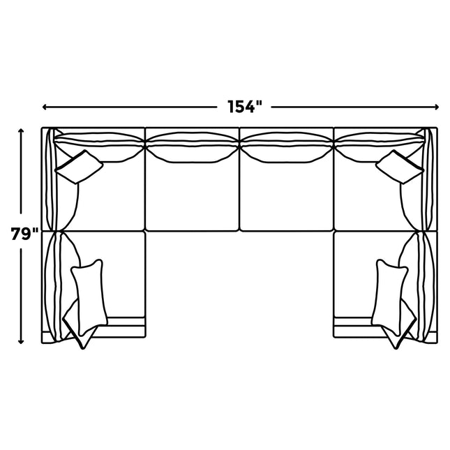 Top-down illustration of the My Cloud / Slope Arm, a comfortable L-shaped sectional measuring 154 x 79. It has three cushioned sections and two throw pillows on each end, all with machine-washable covers.