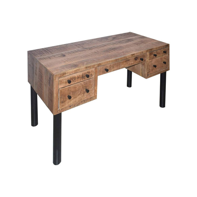 The Mango Writers Desk features a rustic finish with five drawers and round black knobs. Made from sustainable mango wood, it has a rectangular top and four sturdy black legs, combining style and functionality in an ergonomic design.