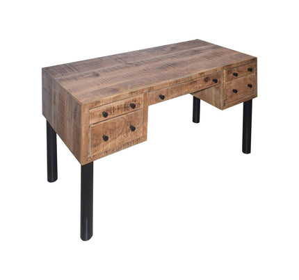 The Mango Writers Desk features a rustic finish with five drawers and round black knobs. Made from sustainable mango wood, it has a rectangular top and four sturdy black legs, combining style and functionality in an ergonomic design.