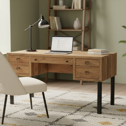 Mango Writers Desk staged in a warm home office with chair, desk lamp, laptop, bookshelf and plant