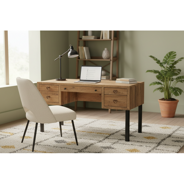 Mango Writers Desk staged in a warm home office with chair, desk lamp, laptop, bookshelf and plant