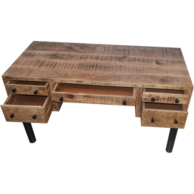The Mango Writers Desk, made from sustainable mango wood, showcases a rustic finish with five open drawers—three in the middle and two on the sides—all supported by sleek black cylindrical legs.