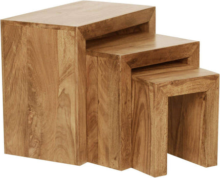 The Acacia Nesting Tables are three polished Acacia wood side tables in varying sizes. Ideal for small spaces, these versatile pieces can be stacked together or used separately.
