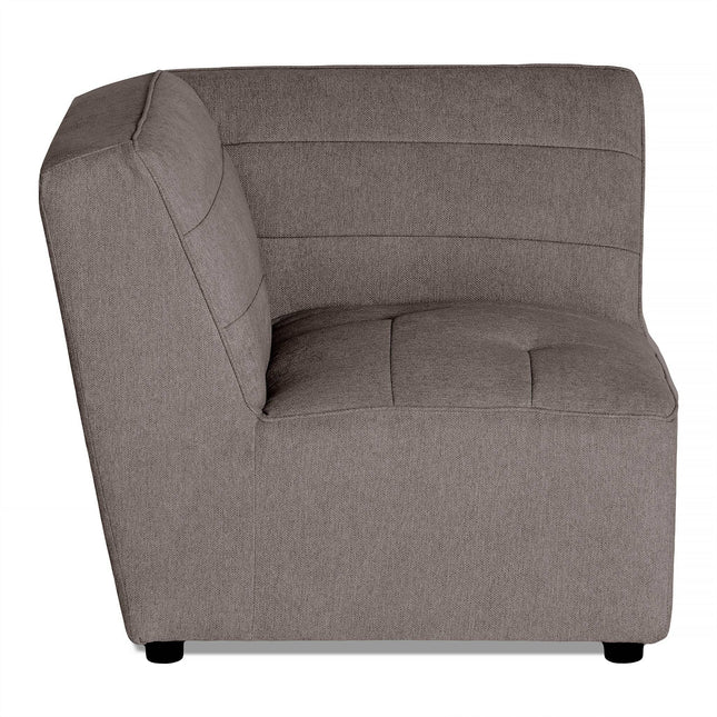 Side view of a modern luxury gray armless upholstered Millenium Corner chair with tufted seat and backrest detailing, featuring a slightly angled back and resting gracefully on small black feet.