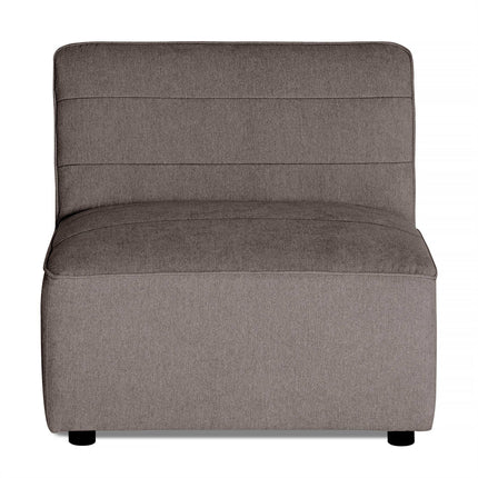 Experience modern luxury with the Millenium Armless—an elegant gray fabric chair featuring a padded rectangular backrest and seat. Its sleek, clean lines and small black feet add to its sophisticated charm.