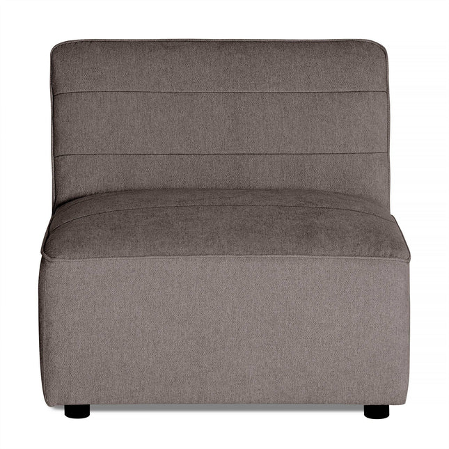 Experience modern luxury with the Millenium Armless—an elegant gray fabric chair featuring a padded rectangular backrest and seat. Its sleek, clean lines and small black feet add to its sophisticated charm.