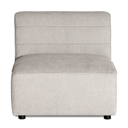 Front view of the Millenium Armless chair with light gray upholstery, featuring a modern design with subtle horizontal stitching on the backrest and seat, supported by small black legs.