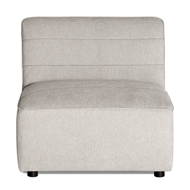 Front view of the Millenium Armless chair with light gray upholstery, featuring a modern design with subtle horizontal stitching on the backrest and seat, supported by small black legs.
