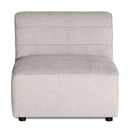 Front view of the Millenium Armless chair with light gray upholstery, featuring a modern design with subtle horizontal stitching on the backrest and seat, supported by small black legs.