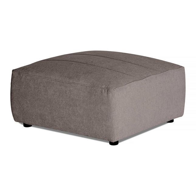 The Millenium Ottoman boasts a sleek design with a square gray fabric surface and rounded black feet at each corner, offering modern luxury ideal for minimalist spaces.