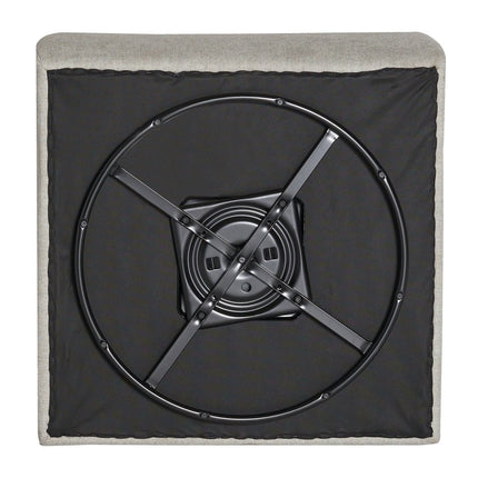 The underside of a square ottoman has a fabric base, centered metal swivel mechanism with cross support, akin to Millenium Swivel Chairs. Upholstered edges in light gray fabric add a touch of modern luxury.