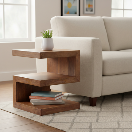 Acacia S Table styled beside a sofa in a cozy living room with a plant and books