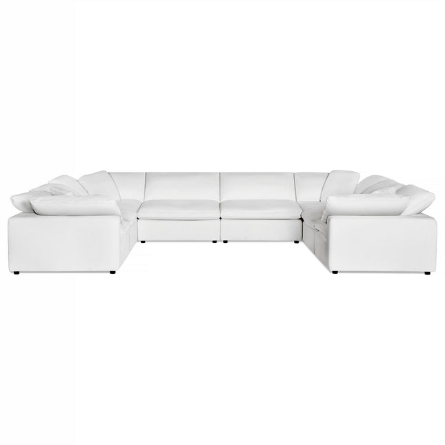 Experience the luxury of the Peyton 8 Piece Pit, a large, modern white sectional sofa blending style and comfort. Its versatile U-shape includes deep cushions and wide, pillow-like armrests set against a plain white background for timeless elegance.