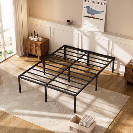 A minimalist bedroom showcases an empty black My Cloud Mattress Platform on a light geometric-patterned rug. Wooden side tables with decor adorn the walls, while a bird poster hangs above one table. Large windows flood the room with bright natural light.