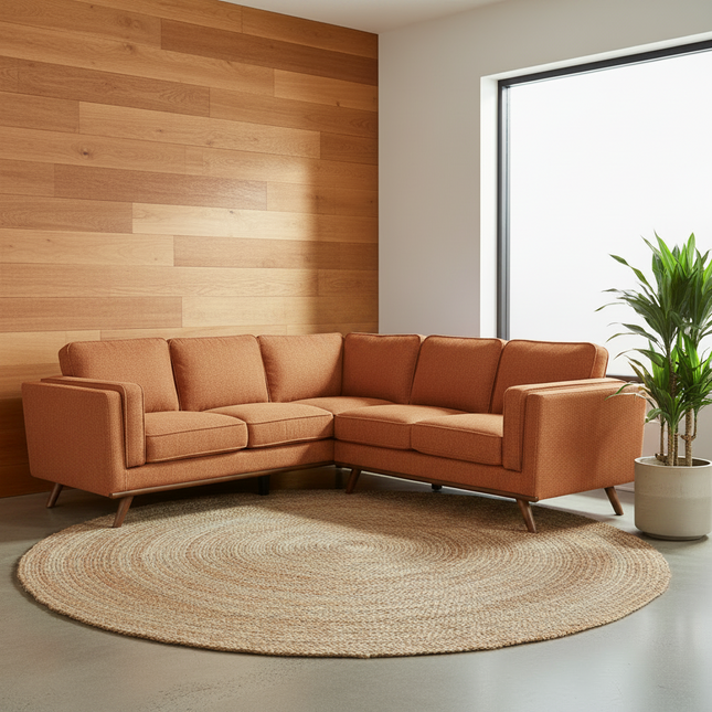 Maddox Terra Cotta L-sectional in a warm mid-century living room