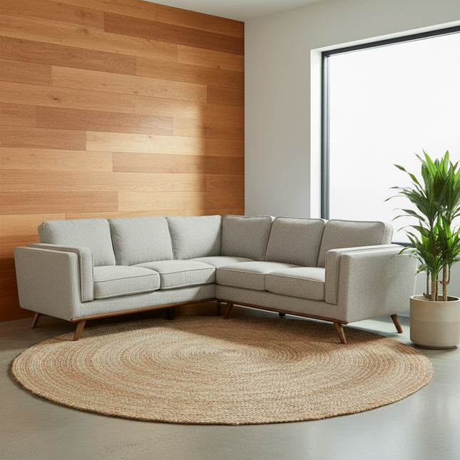 Maddox Gray L-sectional in a warm mid-century living room