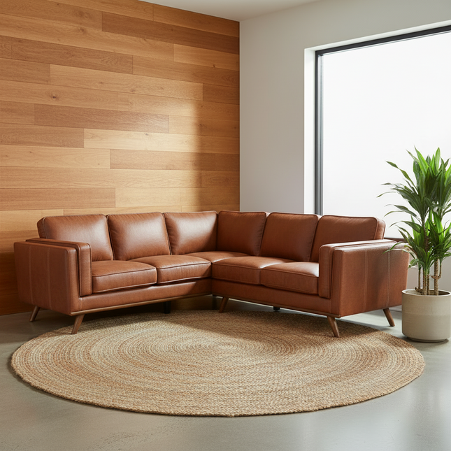 Maddox Chestnut Faux Leather L-sectional in a warm mid-century living room
