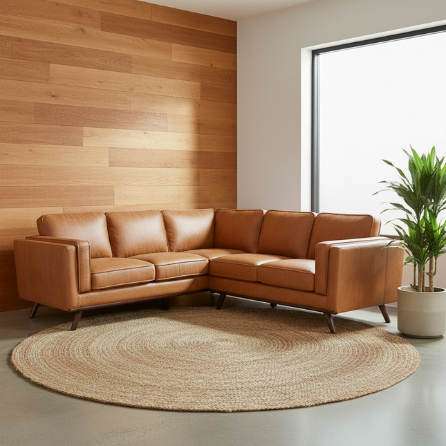 Maddox Cognac Faux Leather L-sectional in a warm mid-century living room
