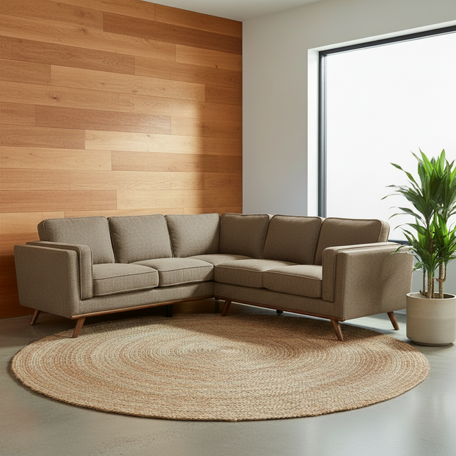 Maddox Greige L-sectional in a warm mid-century living room