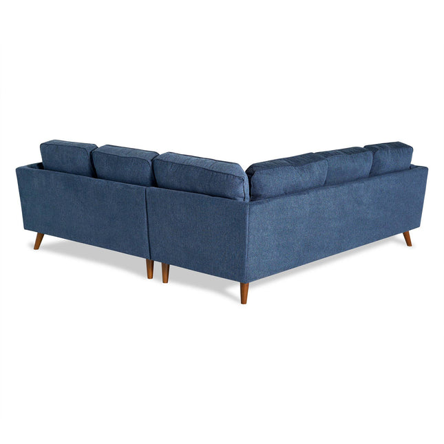 The Maddox is a blue L-shaped sectional with cushioned backrests and wooden legs, adding mid-century modern charm to your living room when viewed from the back.