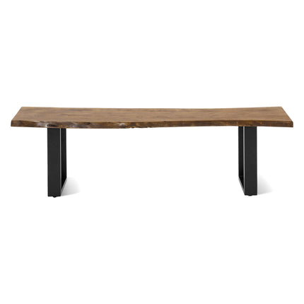 The Live Edge Bench showcases a handcrafted acacia top with natural grain patterns, offering rustic charm. Its rectangular design is supported by sturdy black metal legs, providing modern contrast and making it an ideal unique dining table choice.