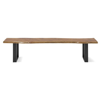 The Live Edge Bench boasts a minimalist and rustic charm with its handcrafted acacia top on black metal legs. Its smooth, warm brown surface is ideal for dining or as a standalone piece.
