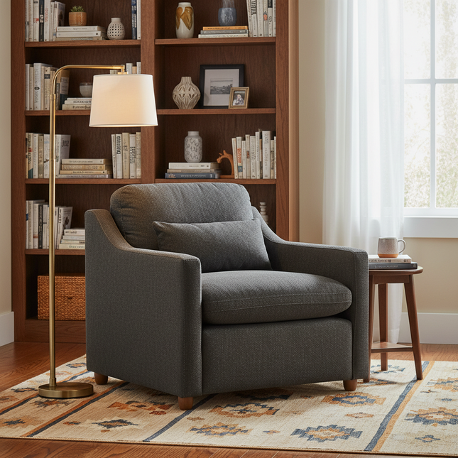 My Cloud Slope Chair in Classic Gray staged in a warm reading corner with bookshelf and floor lamp