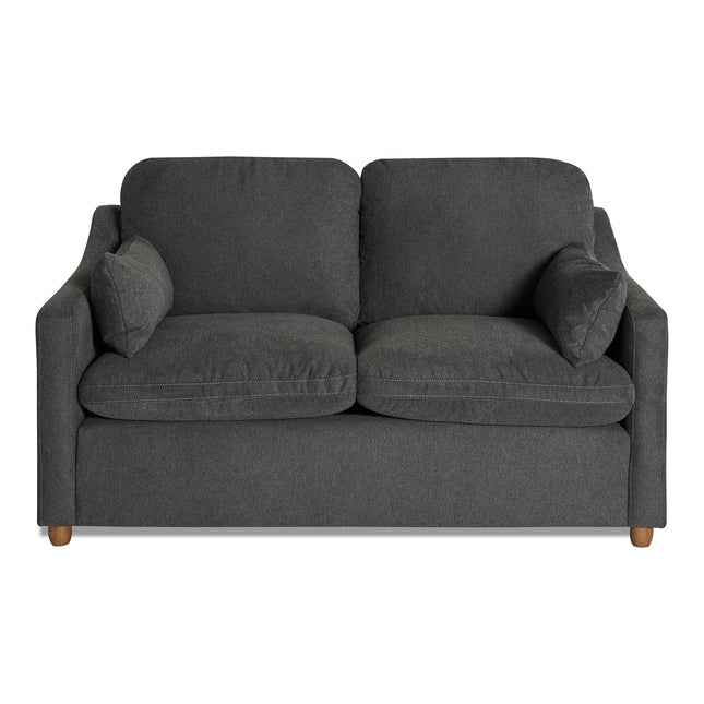 The My Cloud Slope Loveseat in dark gray offers two seat and back cushions, plus side pillows. Featuring short wooden legs and a sleek, modern design with plush fabric, it’s a durable piece that combines comfort with style effortlessly.