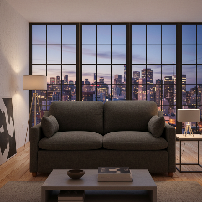 My Cloud Slope Loveseat in Classic Gray staged in a modern urban loft at dusk