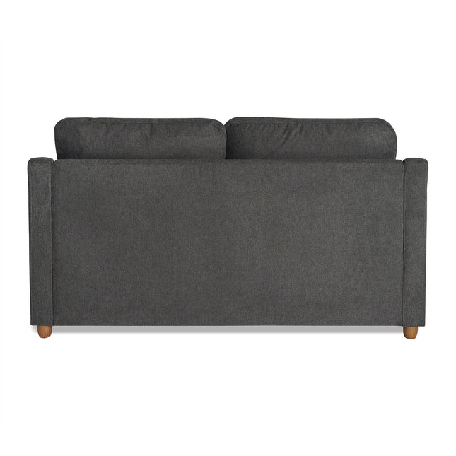 The My Cloud Slope Loveseat features a minimalist gray design with two back cushions and short wooden legs. Its customizable, straight-lined structure and smooth fabric offer durability and style, perfect for any modern space.