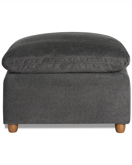The My Cloud Slope 30 Ottoman, in a square shape and dark gray fabric, features a cushioned top for style and comfort. Supported by four short wooden legs and set against a white backdrop, it exemplifies customizable furniture at its finest.