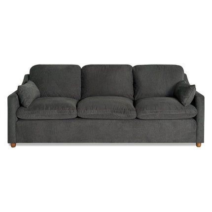 The My Cloud Slope Sofa, in dark gray, is a three-seater with plush cushions and small arm pillows on wooden legs. Its comfortable, simple design with machine-washable covers suits any modern living room perfectly.