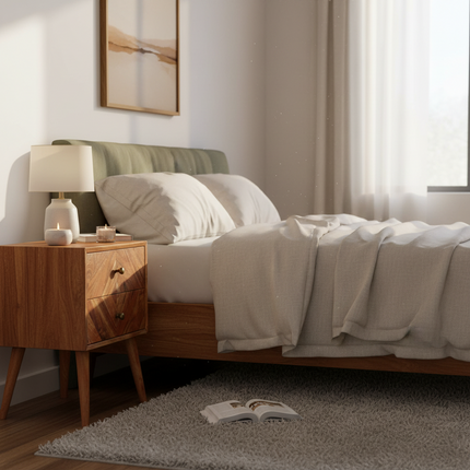 MCM Side Table styled as a nightstand beside a bed in a cozy bedroom