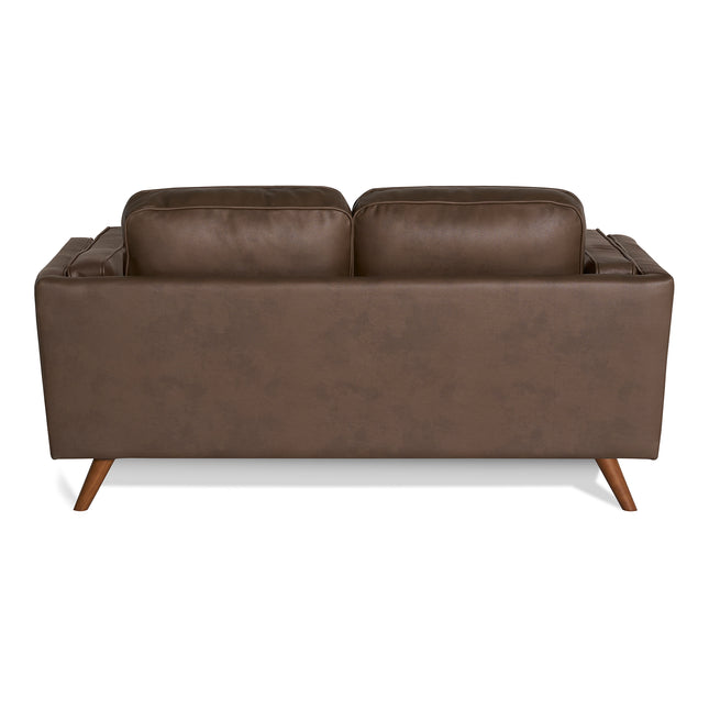 The Maddox Loveseat features a brown leather finish with two cushions and wooden angled legs against a white background. Its mid-century modern, rectangular design ensures durable construction.