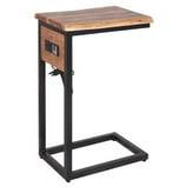 The Live Edge USB C-Table features a compact acacia wood rectangular top with a sleek black metal frame and a C-shaped design for seamless use under chairs or sofas.