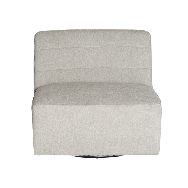 Introducing the Millenium Swivel Chair, a modern gray luxury piece with an armless design, straight backrest, and seat cushion. Its minimalist look is enhanced by subtle texture and an elegant round base.