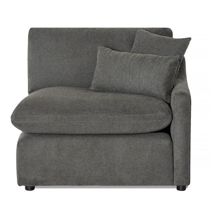 The My Cloud Slope Right Arm is a gray sectional sofa with a corner design offering customizable seating. It includes two matching throw pillows, a spacious seat, and no visible legs for a cozy, minimalist look.