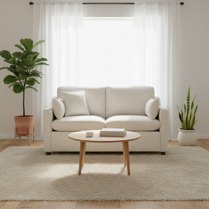 My Cloud Slope Loveseat in Dover Linen staged in a bright Scandinavian living room