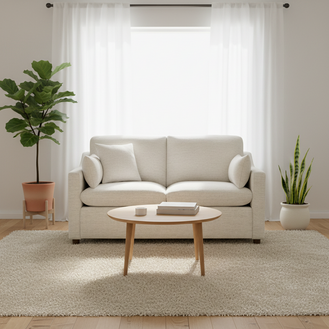 My Cloud Slope Loveseat in Dover Linen staged in a bright Scandinavian living room