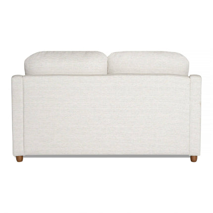 Back view of the light beige My Cloud Slope Loveseat, featuring My Cloud Slope textured fabric. This two-seater includes two back cushions and stands on four short wooden legs, showcasing a simple, modern design.