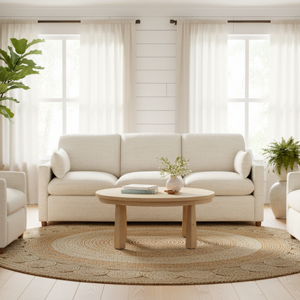 My Cloud Slope Sofa in Dover Linen staged in a bright coastal farmhouse living room